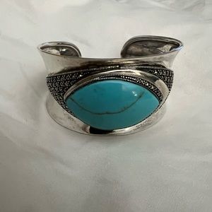 925 Sterling Silver Turquoise & Marcasite Gem Cuff Bracelet